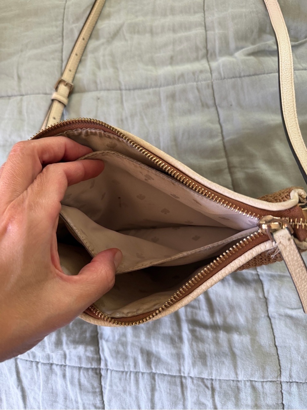 Kate Spade Straw Raffia Crossbody Tan Cream Leather Trim - Picture 3 of 8